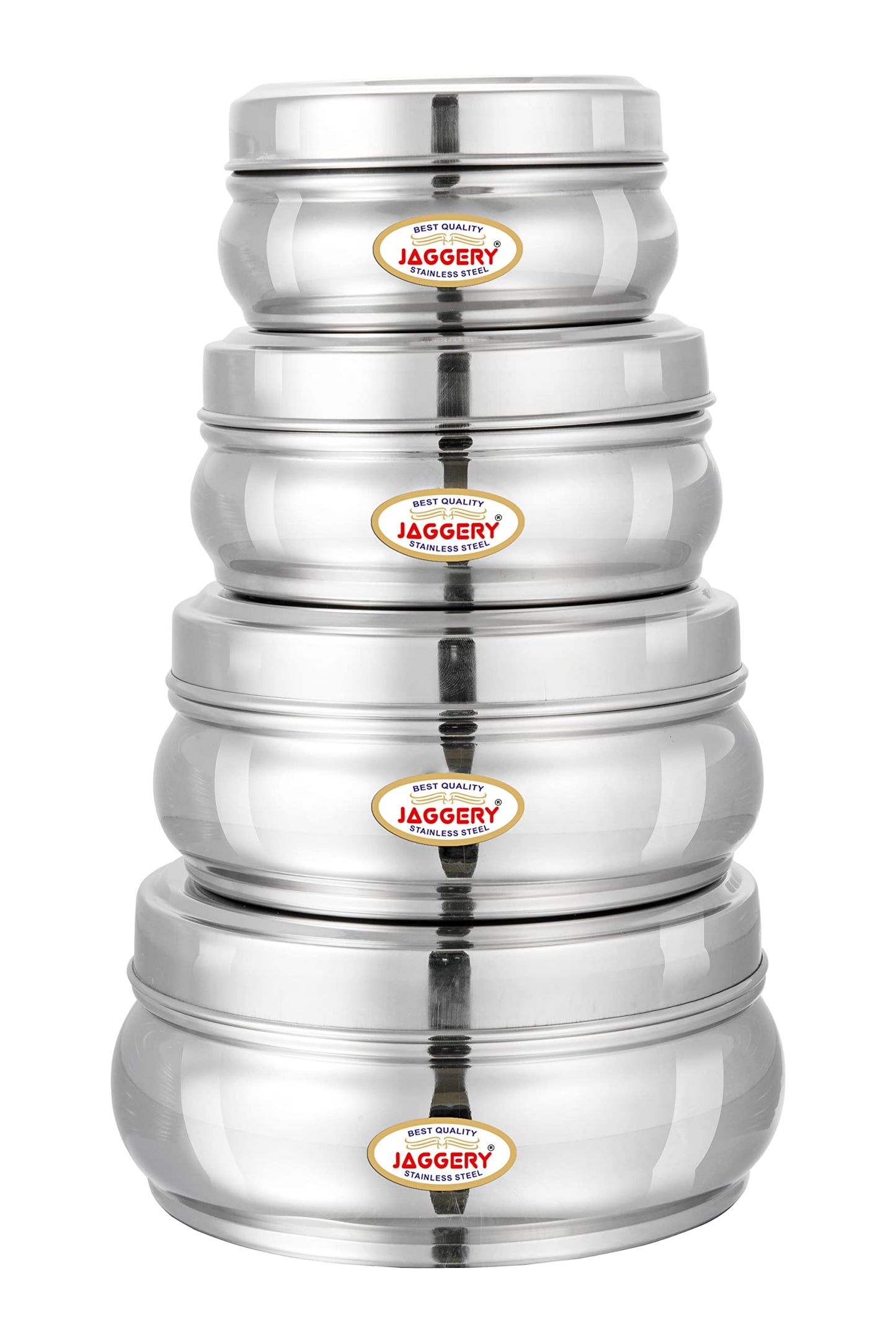 JAGGERY Stainless Steel Belly Shape Puri Dabba, Fridge Storage Round Conatiner, Set of 4pcs (Capacity-300ml, 410ml, 650ml and 900ml) (Dia-10cm, 11cm,13cm and 14.5cm)