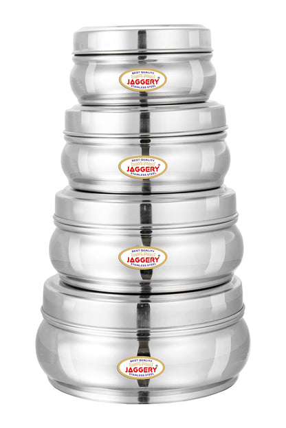 JAGGERY Stainless Steel Belly Shape Puri Dabba, Fridge Storage Round Conatiner, Set of 4pcs (Capacity-300ml, 410ml, 650ml and 900ml) (Dia-10cm, 11cm,13cm and 14.5cm)