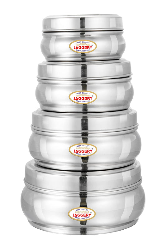JAGGERY Stainless Steel Belly Shape Puri Dabba, Fridge Storage Round Conatiner, Set of 4pcs (Capacity-300ml, 410ml, 650ml and 900ml) (Dia-10cm, 11cm,13cm and 14.5cm)