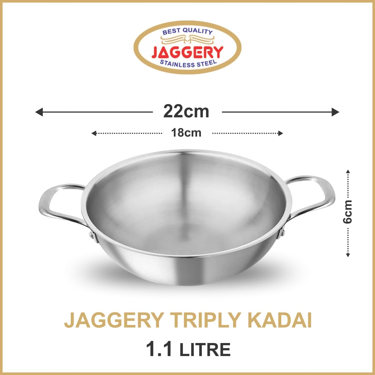 JAGGERY Triply Stainless Steel Kadai,Kadhai, 3 Layer Stainless Steel Cookware, Induction Bottom and Gas Stove (18 cm, 1.1 lit)