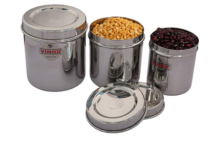Vinod Stainless Steel Container with Lid - 800 ml, 1 L, 1.2 L, 3 Pieces, Silver