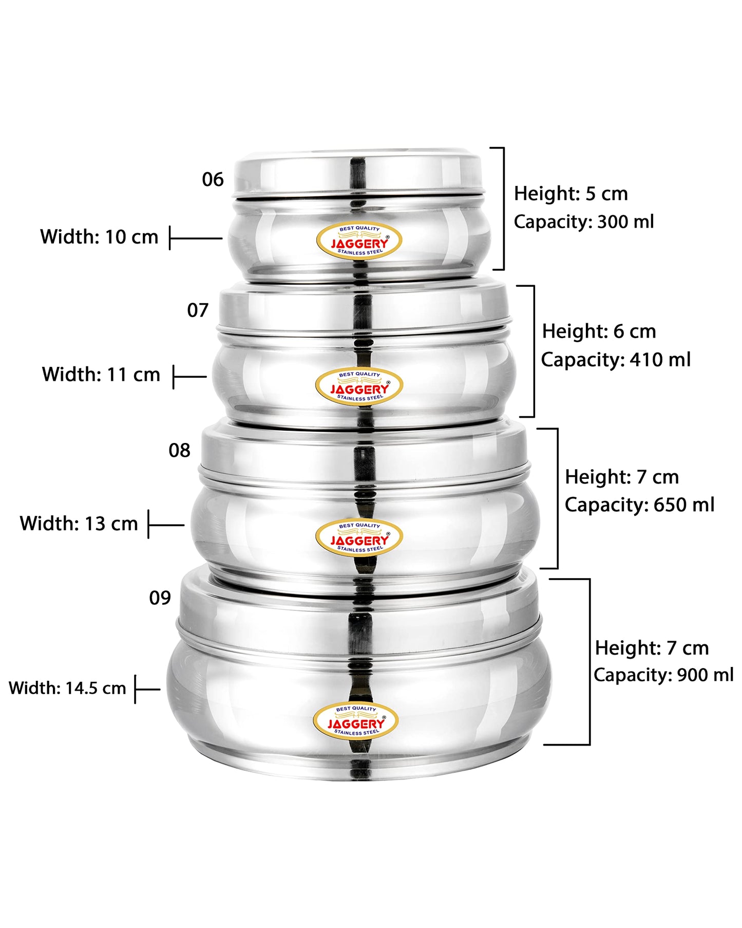 JAGGERY Stainless Steel Belly Shape Puri Dabba, Fridge Storage Round Conatiner, Set of 4pcs (Capacity-300ml, 410ml, 650ml and 900ml) (Dia-10cm, 11cm,13cm and 14.5cm)