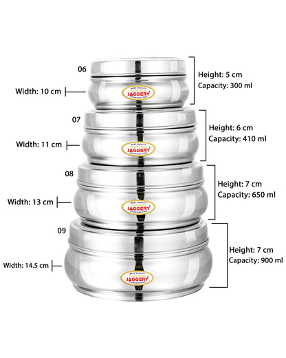JAGGERY Stainless Steel Belly Shape Puri Dabba, Fridge Storage Round Conatiner, Set of 4pcs (Capacity-300ml, 410ml, 650ml and 900ml) (Dia-10cm, 11cm,13cm and 14.5cm)