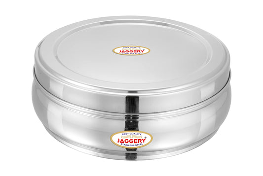 JAGGERY Stainless Steel Belly Shape Puri Dabba, Fridge Storage Round Conatiner, Pack of 1pcs (Capacity- 2500ml) (Dia-23cm H-8.5cm)