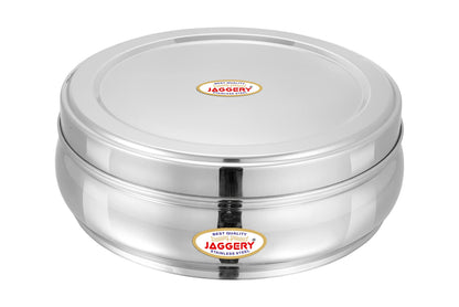 JAGGERY Stainless Steel Belly Shape Puri Dabba, Fridge Storage Round Conatiner, Pack of 1pcs (Capacity-1350ml) (Dia-18.5cm, H-7.5cm)