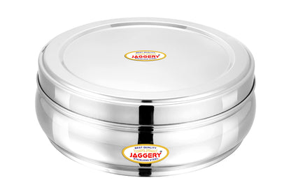 JAGGERY Stainless Steel Belly Shape Puri Dabba, Fridge Storage Round Conatiner, Pack of 1pcs (Capacity- 1900ml) (Dia- 21cm,H- 8cm)