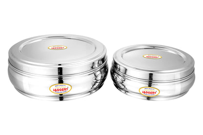 JAGGERY Stainless Steel Belly Shape Puri Dabba, Fridge Storage Round Conatiner, Set of 2pcs (Capacity- 1350ml,2500ml) (Dia- 18.5cm and 23cm)
