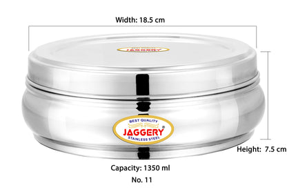 JAGGERY Stainless Steel Belly Shape Puri Dabba, Fridge Storage Round Conatiner, Pack of 1pcs (Capacity-1350ml) (Dia-18.5cm, H-7.5cm)