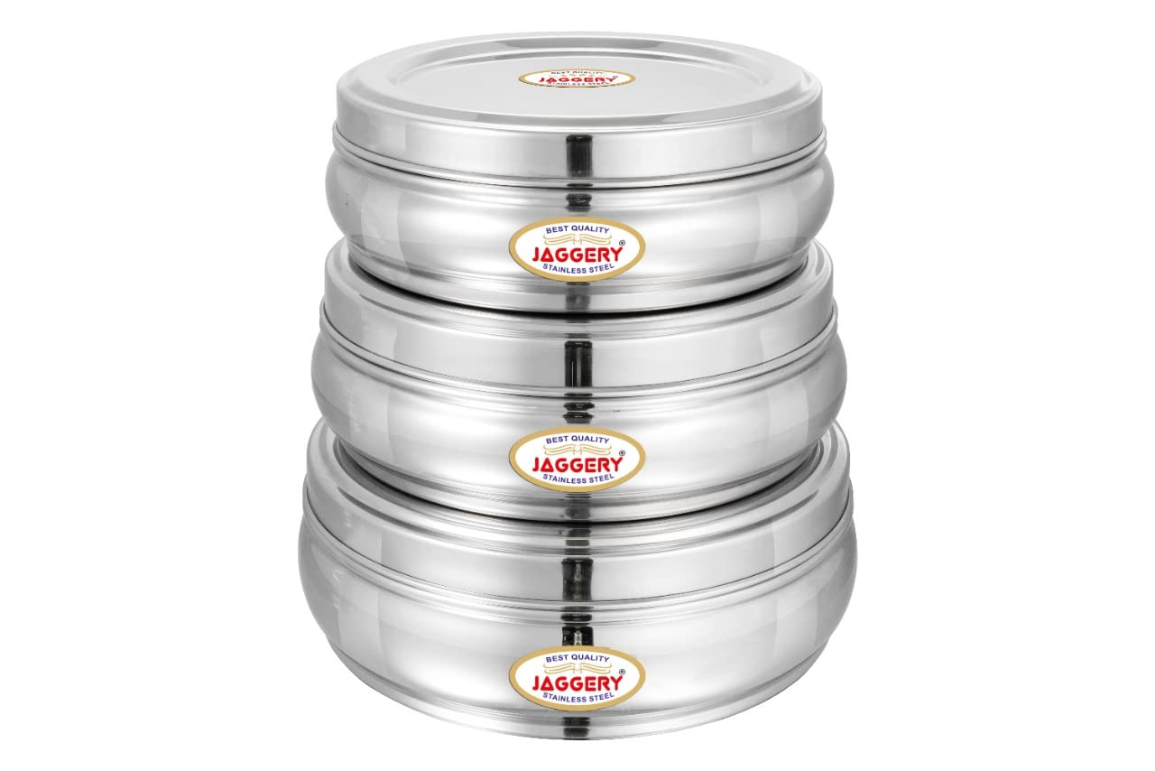 JAGGERY Stainless Steel Belly Shape Puri Dabba, Fridge Storage Round Conatiner, Set of 3pcs (Capacity- 1150ml, 1350ml, and 1900ml) (Dia- 17cm, 18.5cm and 21cm)