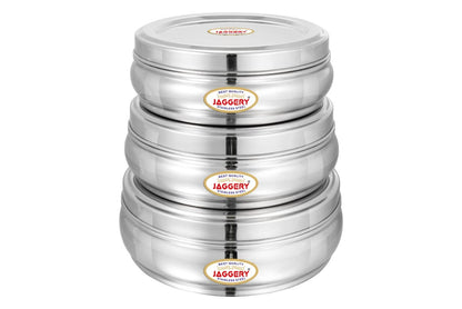 JAGGERY Stainless Steel Belly Shape Puri Dabba, Fridge Storage Round Conatiner, Set of 3pcs (Capacity- 1150ml, 1350ml, and 1900ml) (Dia- 17cm, 18.5cm and 21cm)