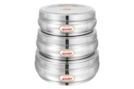 JAGGERY Stainless Steel Belly Shape Puri Dabba, Fridge Storage Round Conatiner, Set of 3pcs (Capacity- 1150ml, 1350ml, and 1900ml) (Dia- 17cm, 18.5cm and 21cm)