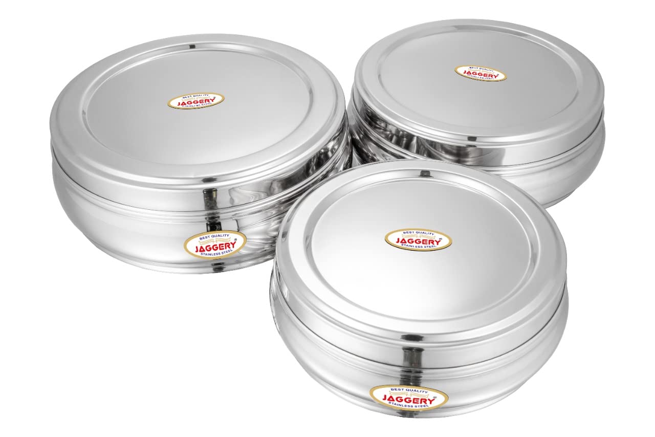 JAGGERY Stainless Steel Belly Shape Puri Dabba, Fridge Storage Round Conatiner, Set of 3pcs (Capacity- 1150ml, 1350ml, and 1900ml) (Dia- 17cm, 18.5cm and 21cm)