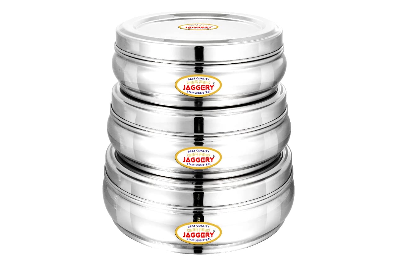 JAGGERY Stainless Steel Belly Shape Puri Dabba, Fridge Storage Round Conatiner, Set of 3pcs (Capacity- 1150ml, 1350ml, and 1900ml) (Dia- 17cm, 18.5cm and 21cm)