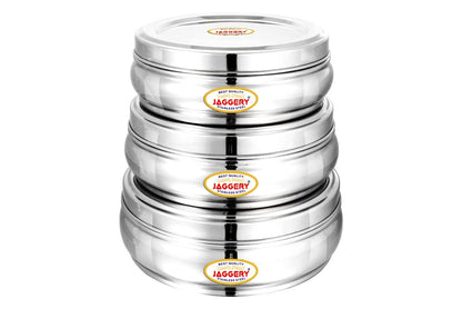 JAGGERY Stainless Steel Belly Shape Puri Dabba, Fridge Storage Round Conatiner, Set of 3pcs (Capacity- 1150ml, 1350ml, and 1900ml) (Dia- 17cm, 18.5cm and 21cm)