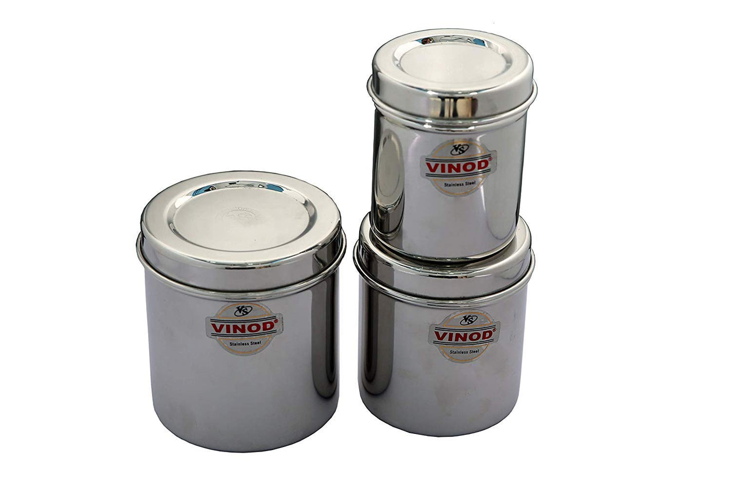 Vinod Stainless Steel Container with Lid - 800 ml, 1 L, 1.2 L, 3 Pieces, Silver