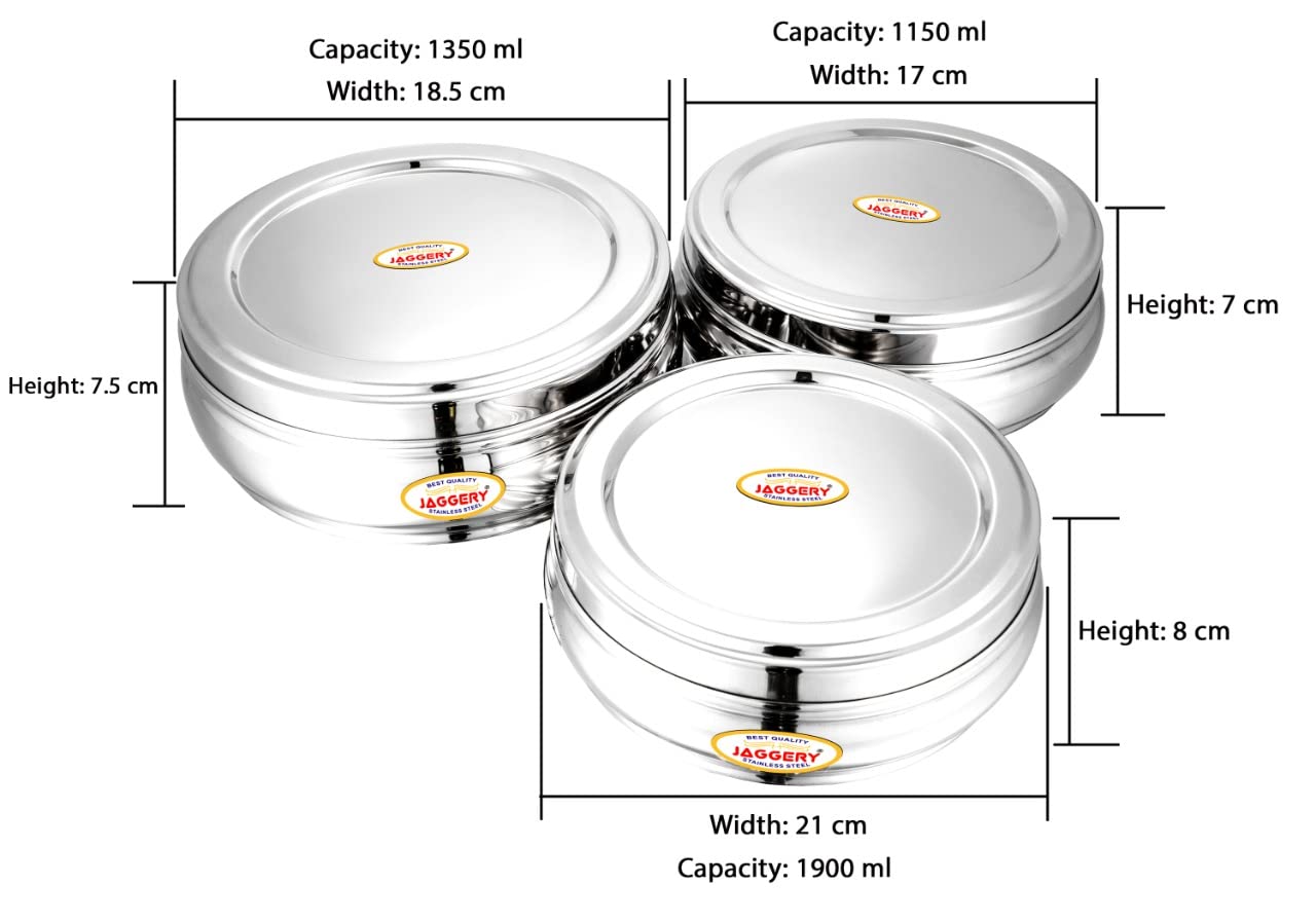 JAGGERY Stainless Steel Belly Shape Puri Dabba, Fridge Storage Round Conatiner, Set of 3pcs (Capacity- 1150ml, 1350ml, and 1900ml) (Dia- 17cm, 18.5cm and 21cm)