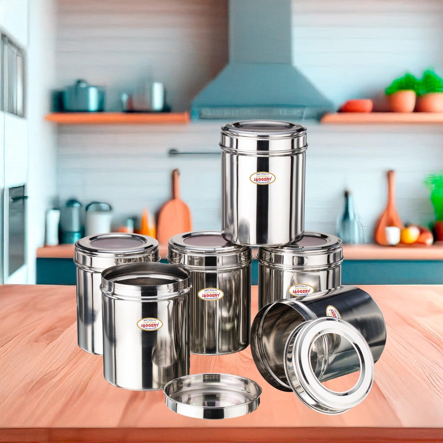 JAGGERY Stainless Steel Kitchen Container with Transparent Lid | Top See Through Kitchen Container Set Multipurpose Container for Kitchen Storage, (6, Top See Through, Round, 1.00, litres)