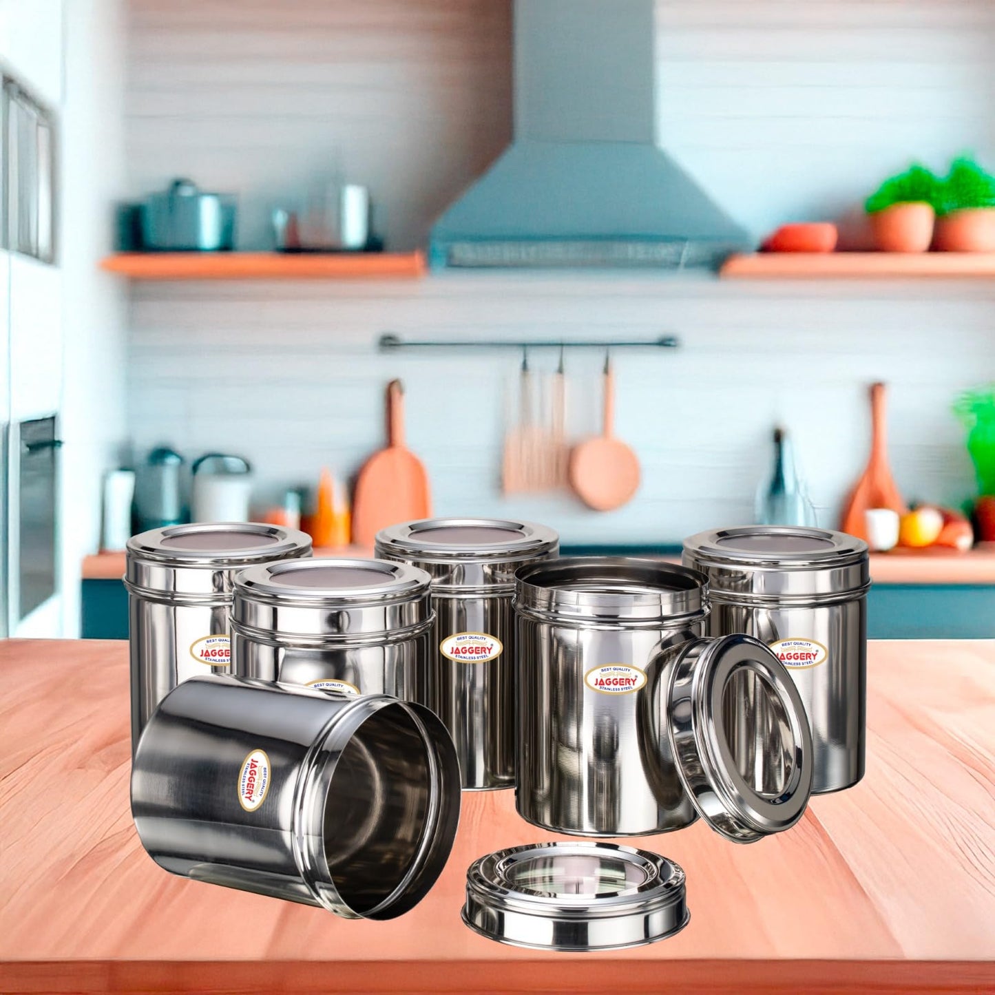 JAGGERY Stainless Steel Kitchen Container with Transparent Lid | Top See Through Kitchen Container Set Multipurpose Container for Kitchen Storage, (6, Top See Through, Round, 1.00, litres)