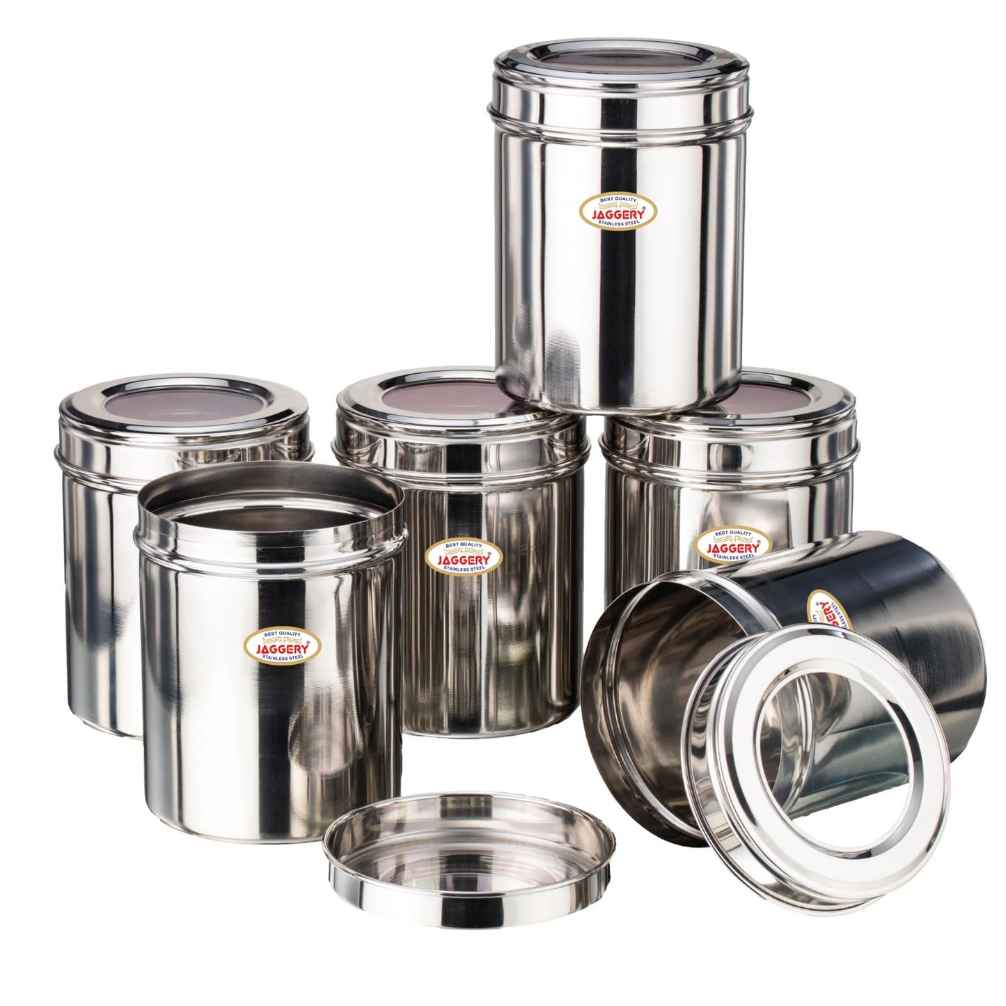 JAGGERY Stainless Steel Kitchen Container with Transparent Lid | Top See Through Kitchen Container Set Multipurpose Container for Kitchen Storage, (6, Top See Through, Round, 1.00, litres)