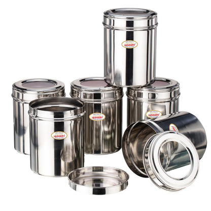 JAGGERY Stainless Steel Kitchen Container with Transparent Lid | Top See Through Kitchen Container Set Multipurpose Container for Kitchen Storage, (6, Top See Through, Round, 1.00, litres)