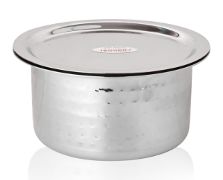 Jaggery Hammered Stainless Steel Tope/Patila with Stainless Steel Lid Cookware Sturdy and Durable for Home and Kitchen | 16 Cm Dia. Capacity 900 Ml Silver