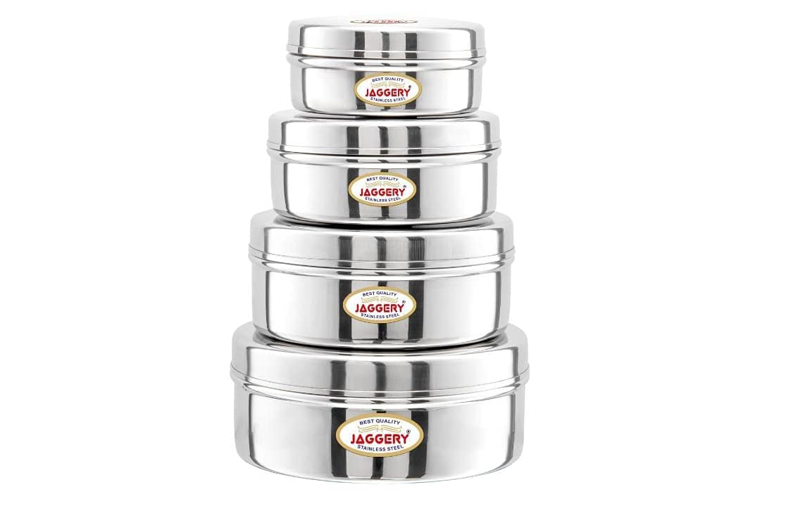 JAGGERY® Stainless Steel Flat Lid Container 4 Pcs Set, Puri Dabba Round Shape