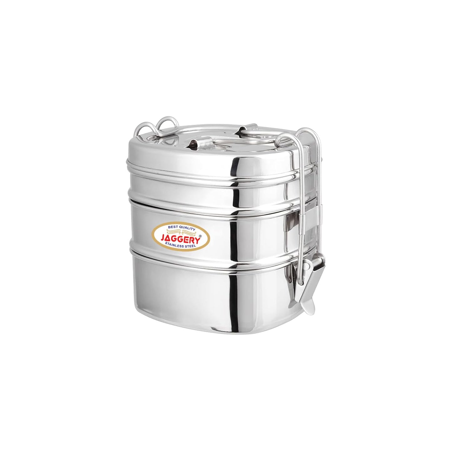 JAGGERY Stainless Steel Square 3 Container Lunch Box, Square Clip Tiffin, Capacity Per Bowl 400 ml