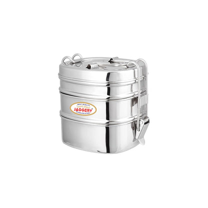 JAGGERY Stainless Steel Square 3 Container Lunch Box, Square Clip Tiffin, Capacity Per Bowl 400 ml