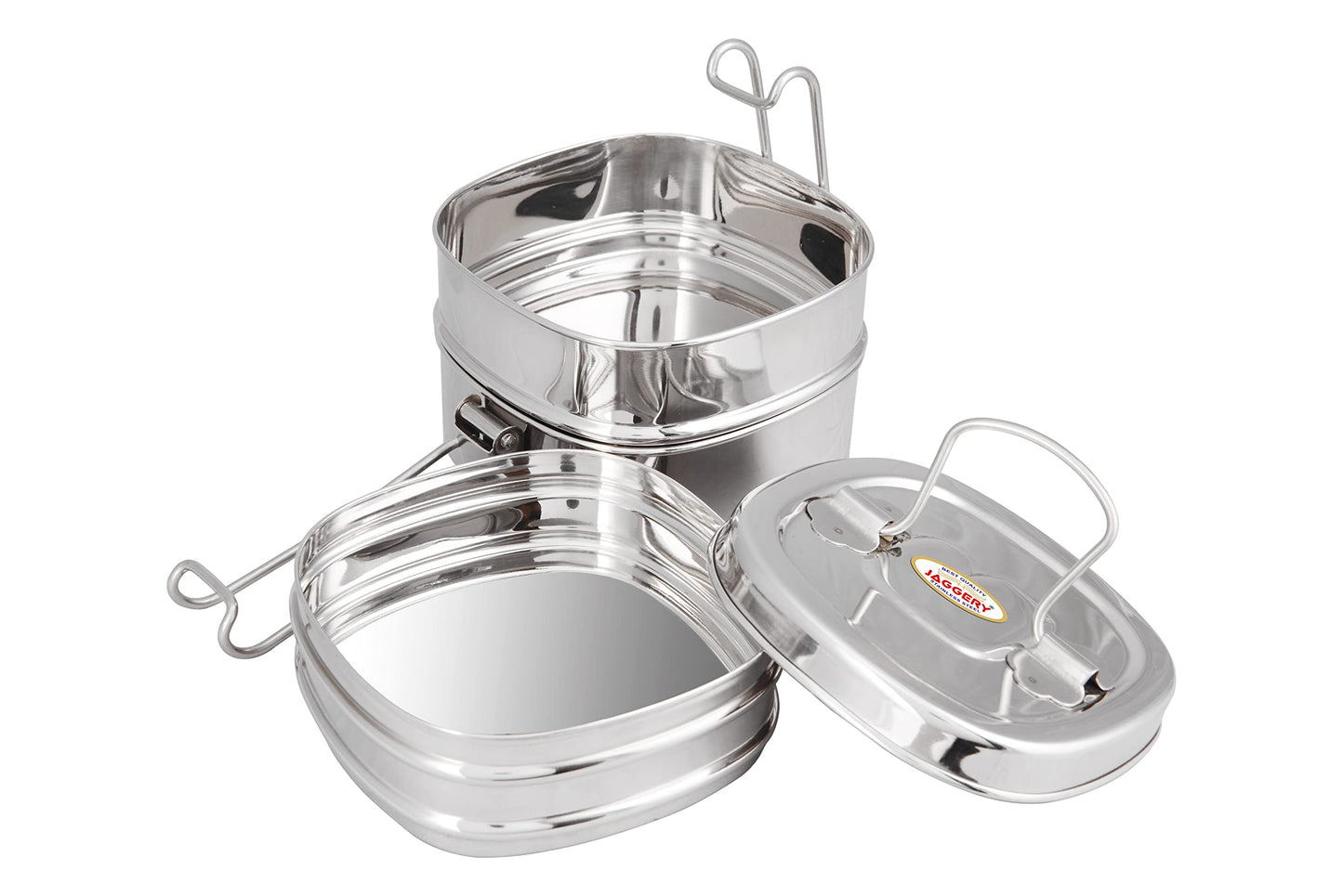JAGGERY Stainless Steel Square 3 Container Lunch Box, Square Clip Tiffin, Capacity Per Bowl 400 ml