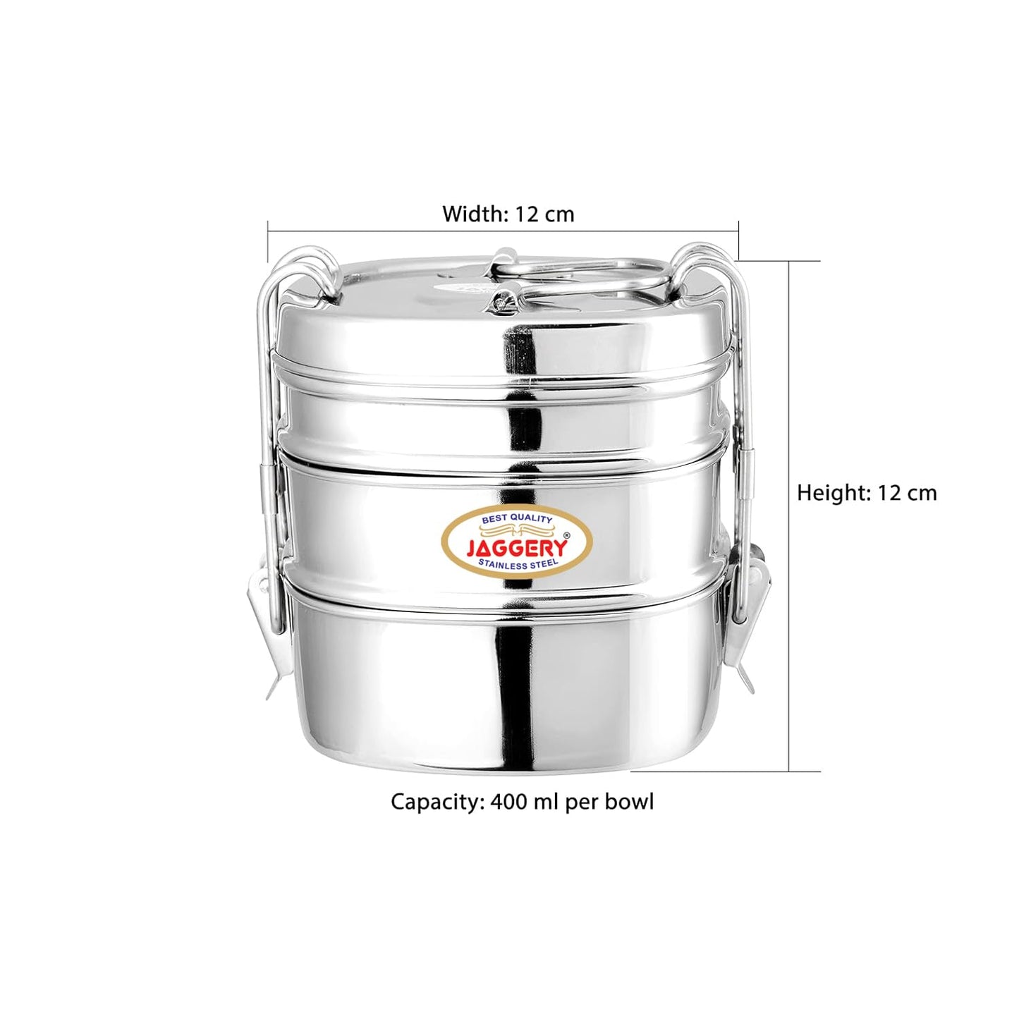 JAGGERY Stainless Steel Square 3 Container Lunch Box, Square Clip Tiffin, Capacity Per Bowl 400 ml