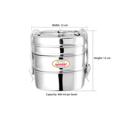 JAGGERY Stainless Steel Square 3 Container Lunch Box, Square Clip Tiffin, Capacity Per Bowl 400 ml