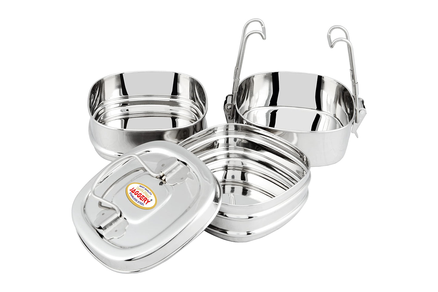 JAGGERY Stainless Steel Square 3 Container Lunch Box, Square Clip Tiffin, Capacity Per Bowl 400 ml
