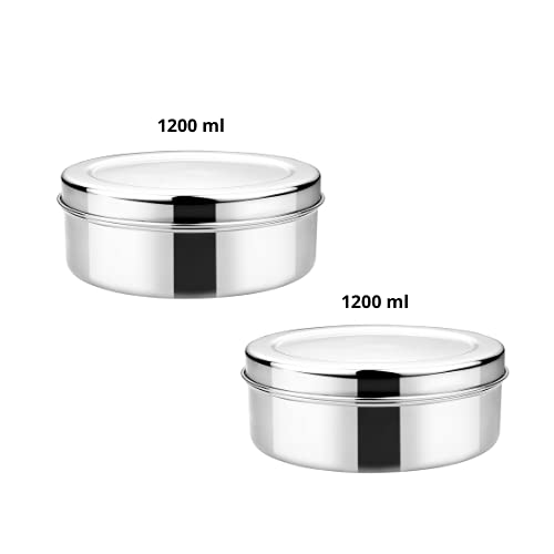 Vinod Stainless Steel Puri Dabba, Food Storage Container, Airtight Container – Pack of 2, Capacity 1200 ml Each, Smokey Grey, Medium (VINODPURID2PC1200)