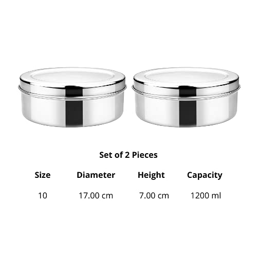 Vinod Stainless Steel Puri Dabba, Food Storage Container, Airtight Container – Pack of 2, Capacity 1200 ml Each, Smokey Grey, Medium (VINODPURID2PC1200)