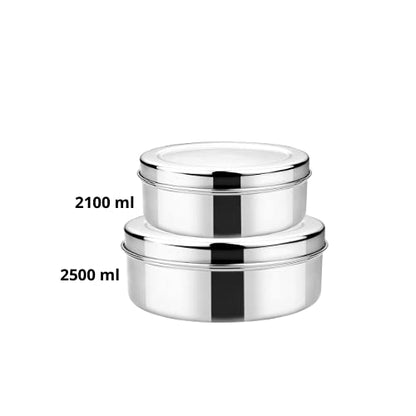 Vinod Stainless Steel Puri Dabba, Food Storage Container, Airtight Container – Pack of 2, Capacity 2100 ml & 2500 ml
