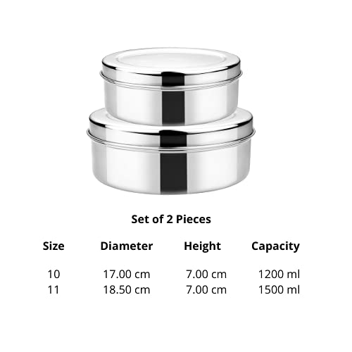 Vinod Stainless Steel Puri Dabba, Food Storage Container, Airtight Container – Pack of 2, Capacity 1200 ml & 1500 ml, Smokey Grey, Medium (VINODPURID2PC1215)