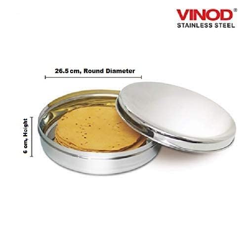 VINOD Stainless Steel Round Papad Dabba/Puri, Roti, Khakhra Box/Multi Purpose Container, (Dia- 26.5Cm Approx- 9.6 inch) Height- 6 Cm, Capacity- 1850Ml,Silver