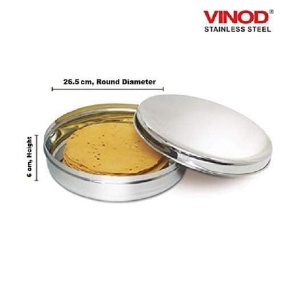 VINOD Stainless Steel Round Papad Dabba/Puri, Roti, Khakhra Box/Multi Purpose Container, (Dia- 26.5Cm Approx- 9.6 inch) Height- 6 Cm, Capacity- 1850Ml,Silver