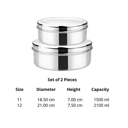 Vinod Stainless Steel Puri Dabba, Food Storage Container, Airtight Container – Pack of 2, Capacity 1500 ml & 2100 ml, Smokey Grey, Large (VINODPURID2PC1521)