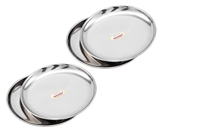 JAGGERY® Stainless Steel Dinner Thali, Lunch Dinner Thali Plates, Stainless Steel Dinner Thali Bangla Bogi Half Plate,Pack of 4, Dia- 21 cm