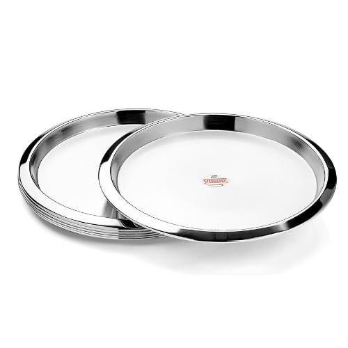 Vinod Stainless Steel Two Tone Plate, Lunch & Dinner Plate, Set of 4 Pieces, Diameter 31.5 cm, Smokey Grey, Large