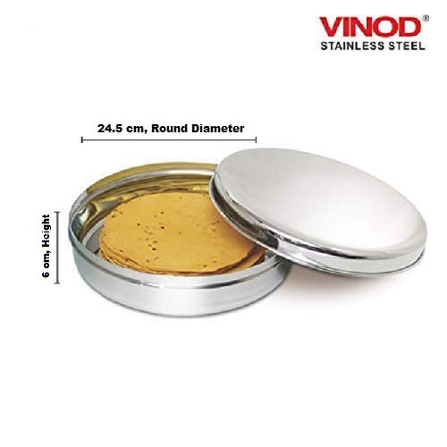 Vinod Stainless Steel Round Papad Dabba/Puri, Roti, Khakhra Box/Multi Purpose Container, (Dia- 24.5cm Approx- 9.6 inch) Height- 6 cm, Capacity- 1850ml, Silver