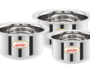 JAGGERY Brand- Stainless Steel Round Bottom Heavy Gauge Patila/Bhagona/Tapeli/Tope 300ml, 450ml, 650ml (Pack of 3)