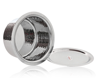 Jaggery Hammered Stainless Steel Tope/Patila with Stainless Steel Lid Cookware Sturdy and Durable for Home and Kitchen | 16 Cm Dia. Capacity 900 Ml Silver