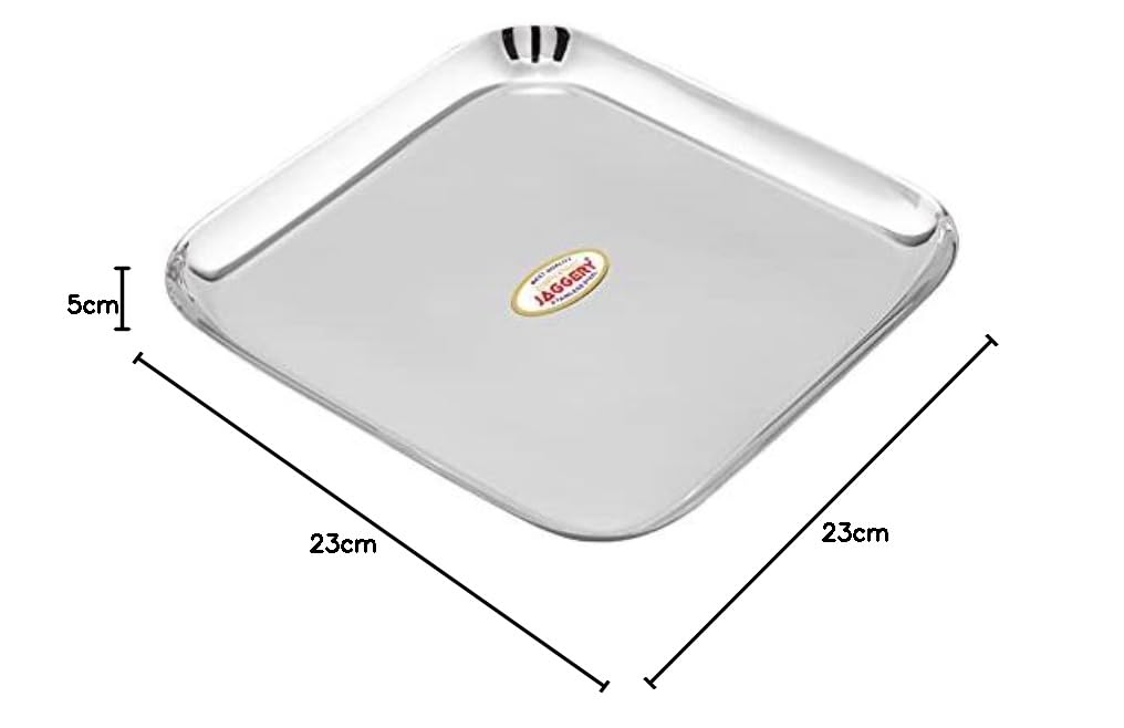 JAGGERY Stainless Steel Square Medium Dinner Plate Pack of 4 (L&W - 23cm, Weight Approx - 409 gram per Plate) Mirror Finish for Lunch, Salad Tray, Serving Tray or Snacks Plate