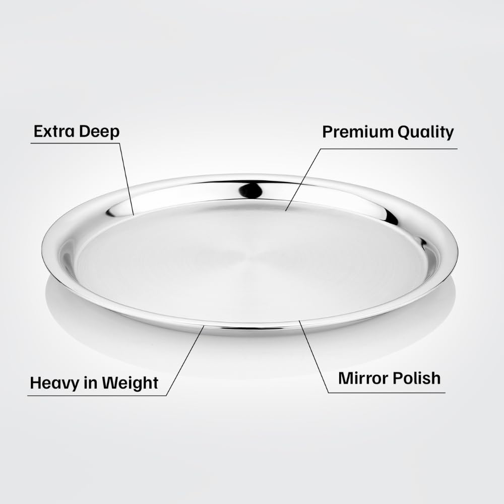 Vinod Stainless Steel Two Tone German Bogi Plate, Lunch & Dinner Plate, Set of 6 Pieces, Diameter 28.5 cm, Smokey Grey, Large