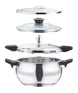 Vinod Magic Stainless Steel 3-in-1 Pressure Cooker with Pressure Lid, Straining Lid and Glass Lid