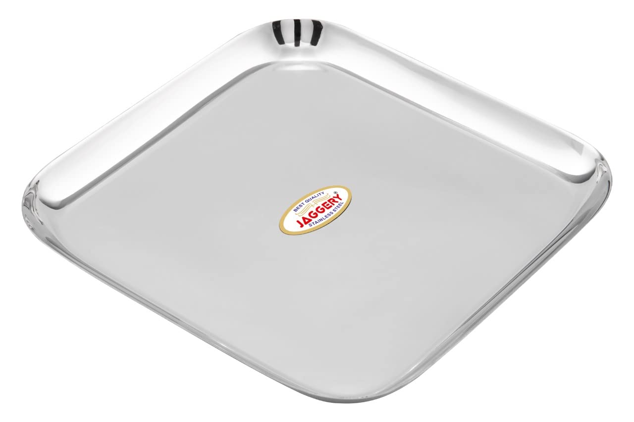JAGGERY Stainless Steel Square Small Plate Pack of 6 (L& - 20.5cm, Weight Approx - 288 Gram per Plate) Mirror Finish for Lunch, Salad Tray, Serving Tray or Snacks Plate