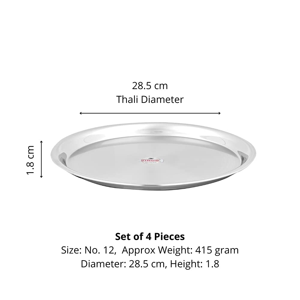 Vinod Stainless Steel Two Tone German Bogi Plate, Lunch & Dinner Plate, Set of 4 Pieces, Diameter 28.5 cm, Smokey Grey, Large