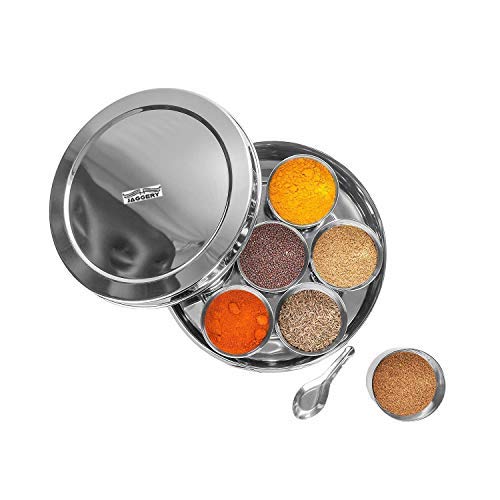 JAGGERY Stainless Steel Masala (Spice) Box/Dabba/Organizer with 7 Containers and Small Spoon (Dia- 7.1 Inch_18 Cm, Height - 2.8 Inch_7 Cm, Silver)
